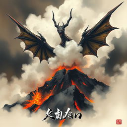 A Japanese painting style depiction of a volcano erupting with Rodan barely visible through the thick smoke