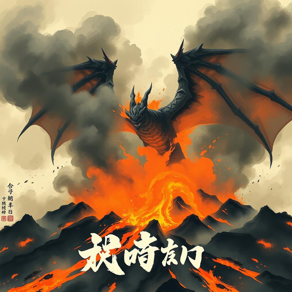 A Japanese painting style depiction of a volcano erupting with Rodan barely visible through the thick smoke