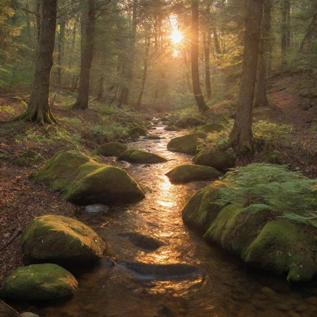 A serene forest stream flowing under the golden light of a setting sun