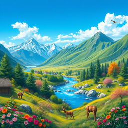 Create a colorful and vibrant image of a serene landscape with mountains, a river, and a clear blue sky