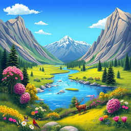 Create a colorful and vibrant image of a serene landscape with mountains, a river, and a clear blue sky