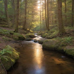 A serene forest stream flowing under the golden light of a setting sun