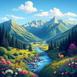 Create a colorful and vibrant image of a serene landscape with mountains, a river, and a clear blue sky