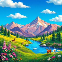 Create a colorful and vibrant image of a serene landscape with mountains, a river, and a clear blue sky