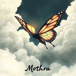 A Japanese painting style depiction of Mothra flying gracefully through the clouds with light beautifully reflecting through her wings