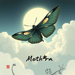 A Japanese painting style depiction of Mothra flying gracefully through the clouds with light beautifully reflecting through her wings