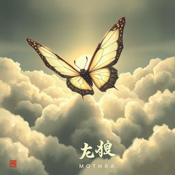 A Japanese painting style depiction of Mothra flying gracefully through the clouds with light beautifully reflecting through her wings