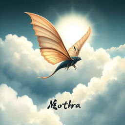 A Japanese painting style depiction of Mothra flying gracefully through the clouds with light beautifully reflecting through her wings