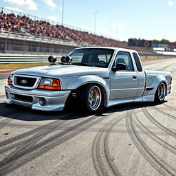 A high-quality image of a lowered, widebody, white 2003 Ford Ranger extended cab, drift-built with twin turbos