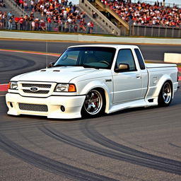 A high-quality image of a lowered, widebody, white 2003 Ford Ranger extended cab, drift-built with twin turbos