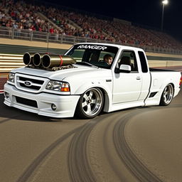 A high-quality image of a lowered, widebody, white 2003 Ford Ranger extended cab, drift-built with twin turbos