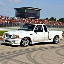 A high-quality image of a lowered, widebody, white 2003 Ford Ranger extended cab, drift-built with twin turbos