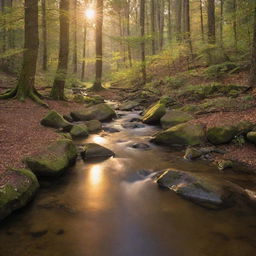 A serene forest stream flowing under the golden light of a setting sun