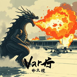 A Japanese painting style depiction of Varan breathing fire at an airport