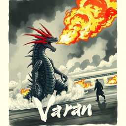 A Japanese painting style depiction of Varan breathing fire at an airport