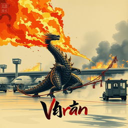 A Japanese painting style depiction of Varan breathing fire at an airport