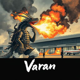 A Japanese painting style depiction of Varan breathing fire at an airport