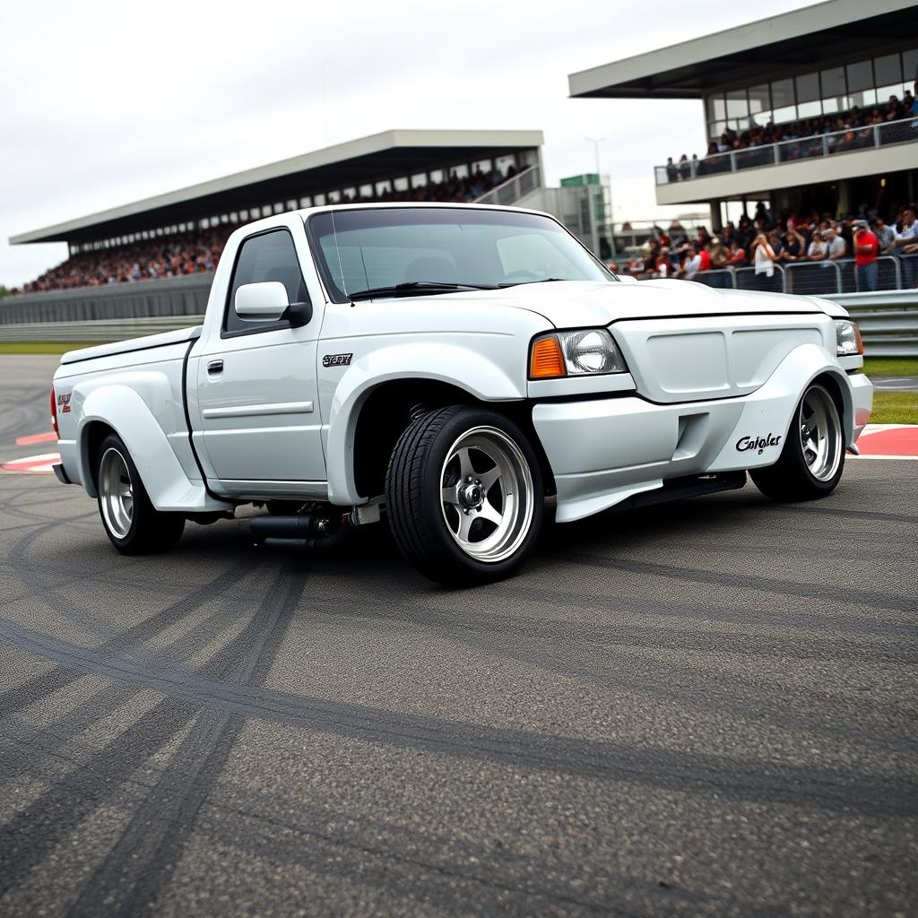 A high-quality image of a lowered, widebody, white 2003 Ford Ranger extended cab, drift-built with twin turbos