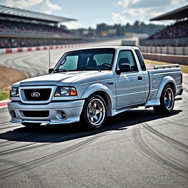 A high-quality image of a lowered, widebody, white 2003 Ford Ranger extended cab, drift-built with twin turbos