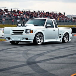 A high-quality image of a lowered, widebody, white 2003 Ford Ranger extended cab, drift-built with twin turbos