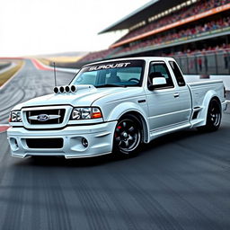 A high-quality image of a lowered, widebody, white 2003 Ford Ranger extended cab, drift-built with twin turbos