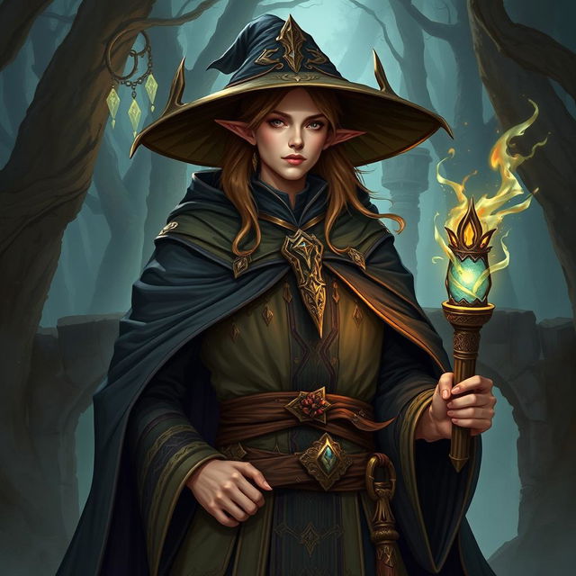 A detailed illustration of a fantasy warlock noble who is a semi-elf