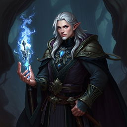 A detailed illustration of a fantasy warlock noble who is a semi-elf