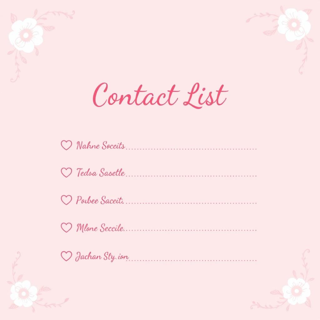 A pretty pink girly contact list page with elegant, feminine design elements