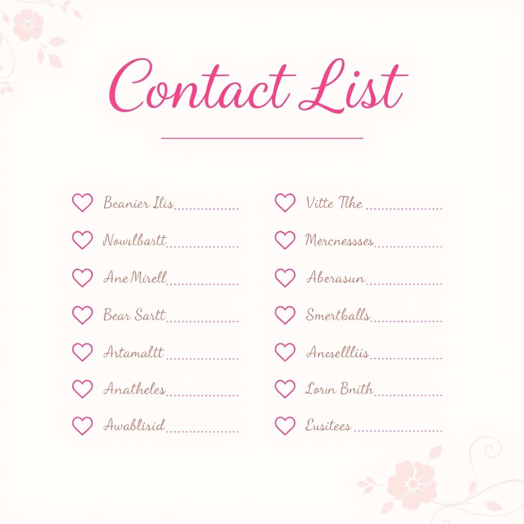 A pretty pink girly contact list page with elegant, feminine design elements