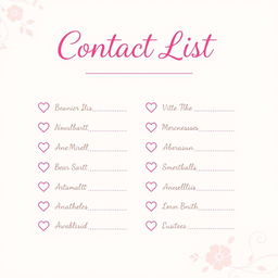 A pretty pink girly contact list page with elegant, feminine design elements