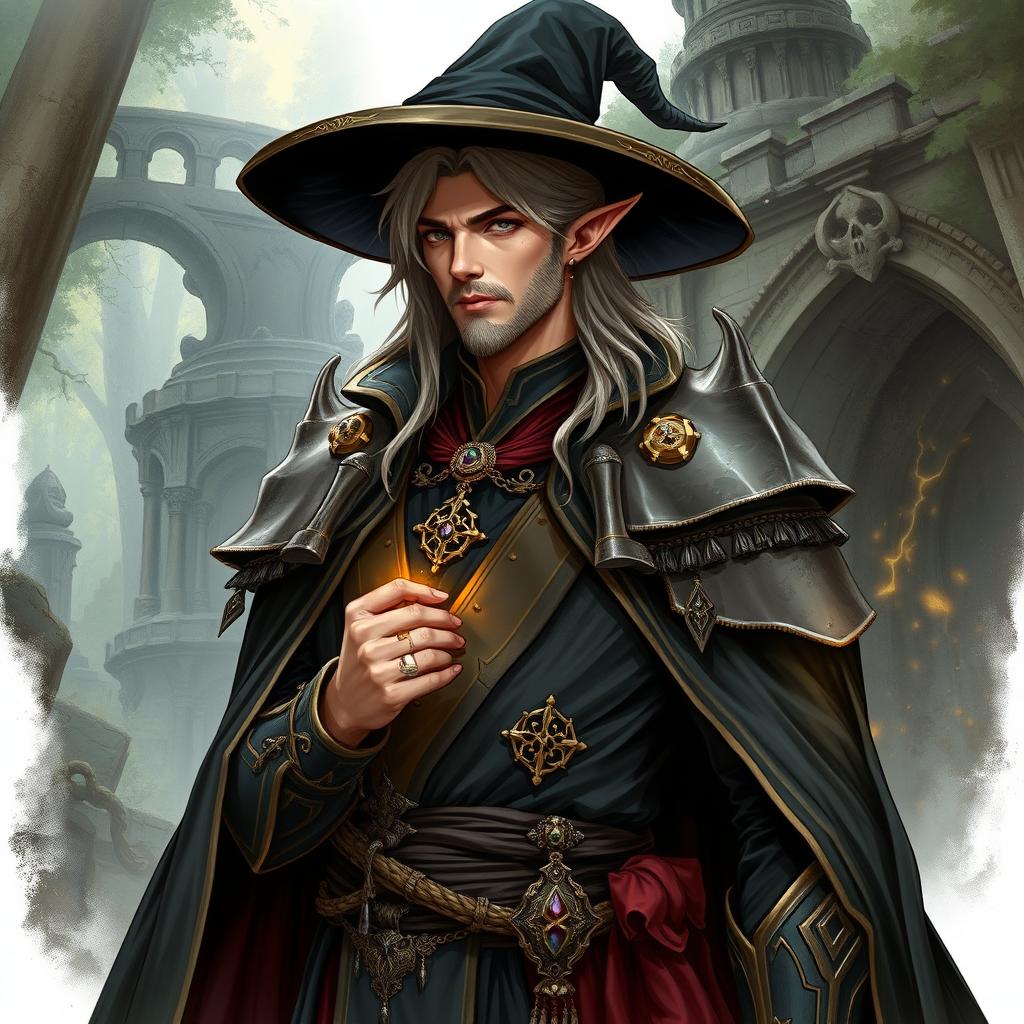 A detailed illustration of a fantasy warlock noble who is a semi-elf male