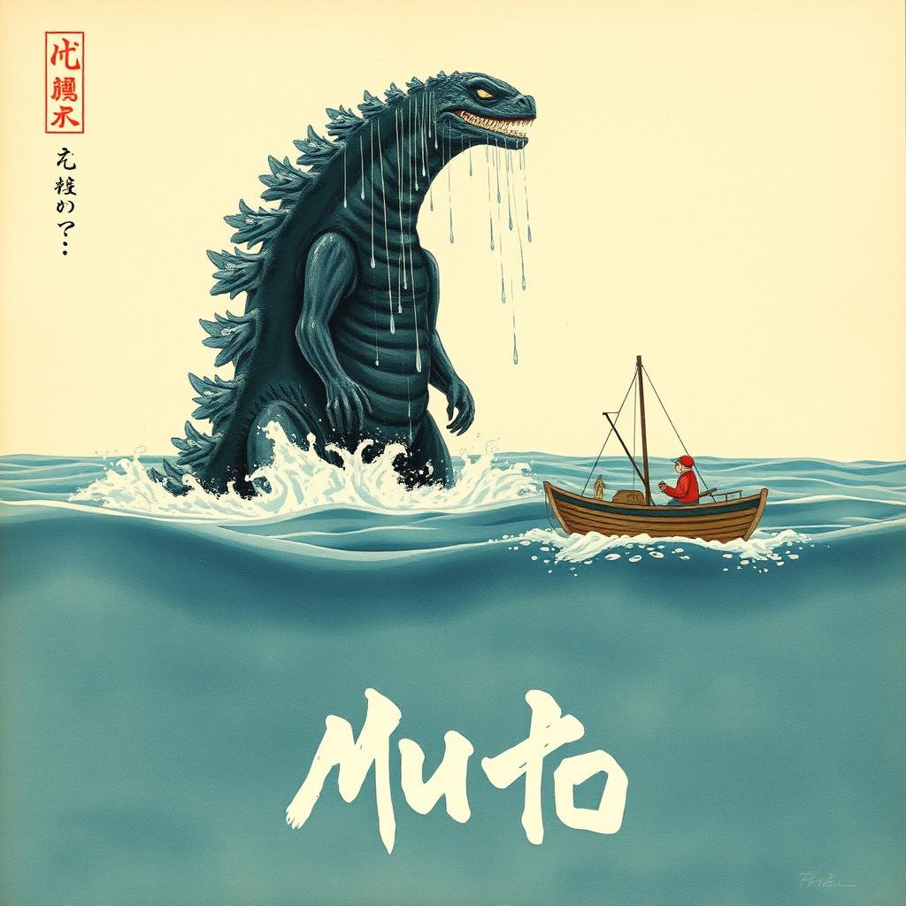 A Japanese painting style depiction of the MUTO from Godzilla 2014 in the middle of the ocean, staring down at a small fishing boat