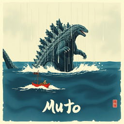 A Japanese painting style depiction of the MUTO from Godzilla 2014 in the middle of the ocean, staring down at a small fishing boat