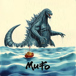 A Japanese painting style depiction of the MUTO from Godzilla 2014 in the middle of the ocean, staring down at a small fishing boat