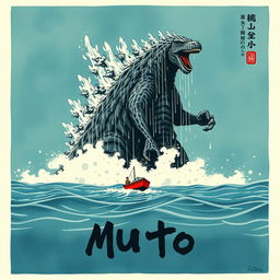 A Japanese painting style depiction of the MUTO from Godzilla 2014 in the middle of the ocean, staring down at a small fishing boat