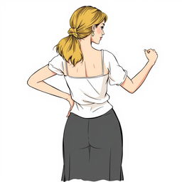 Ilustración de una mujer dando la espalda, con una falda larga y recta, y una blusa sin cuello