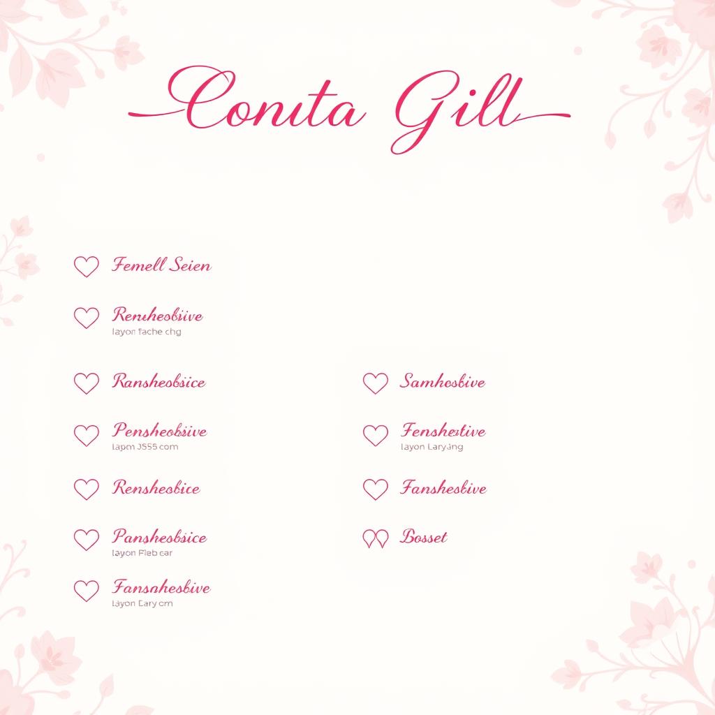 A pretty pink girly contact list page with elegant, feminine design elements, intended for a mature audience