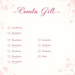 A pretty pink girly contact list page with elegant, feminine design elements, intended for a mature audience