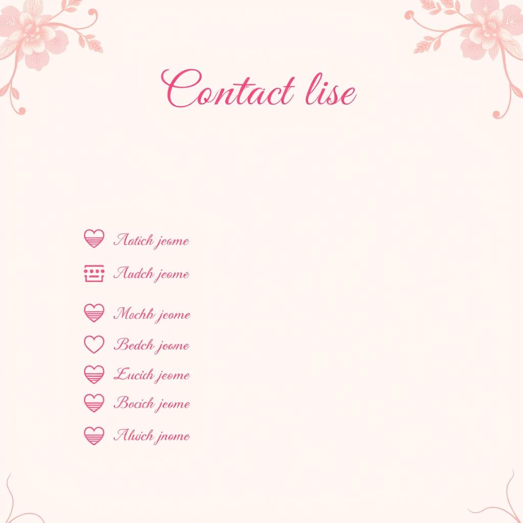 A pretty pink girly contact list page with elegant, feminine design elements, intended for a mature audience