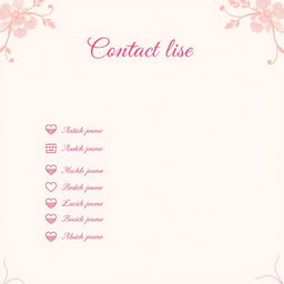 A pretty pink girly contact list page with elegant, feminine design elements, intended for a mature audience