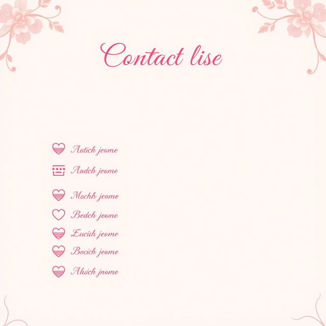 A pretty pink girly contact list page with elegant, feminine design elements, intended for a mature audience