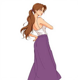 Ilustración de una mujer dando la espalda, con una falda larga y recta, y una blusa sin cuello