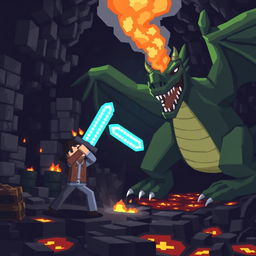 A Minecraft character bravely fighting a large, menacing dragon in a blocky, pixelated world