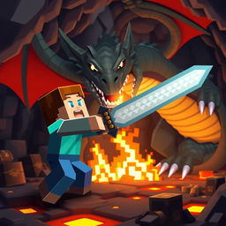 A Minecraft character bravely fighting a large, menacing dragon in a blocky, pixelated world