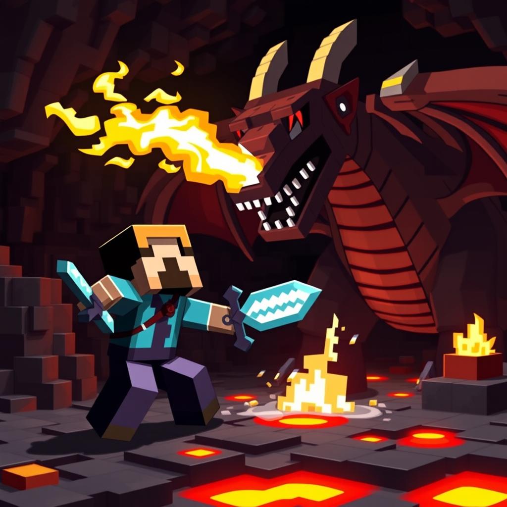 A Minecraft character bravely fighting a large, menacing dragon in a blocky, pixelated world