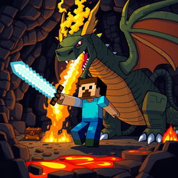 A Minecraft character bravely fighting a large, menacing dragon in a blocky, pixelated world