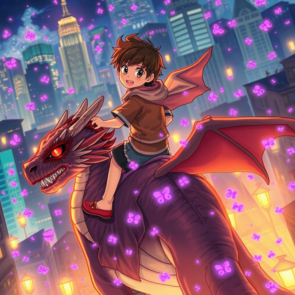 A manga boy traveling through a city illuminated by lamplights on the back of a dragon, surrounded by a swarm of glowing purple fireflies