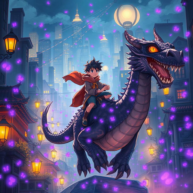 A manga boy traveling through a city illuminated by lamplights on the back of a dragon, surrounded by a swarm of glowing purple fireflies