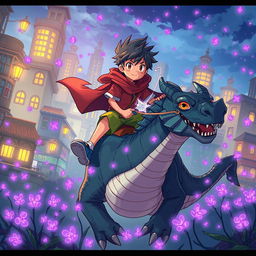 A manga boy traveling through a city illuminated by lamplights on the back of a dragon, surrounded by a swarm of glowing purple fireflies