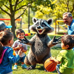 An energetic scene featuring a wacky raccoon coaching children and adults on the fundamentals of good sportsmanship